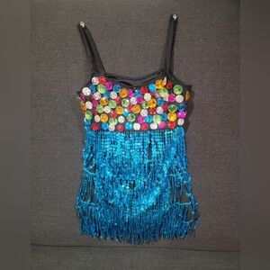 Kids Dance Costume Tank Top with Multicolor Gems and Blue Fringe